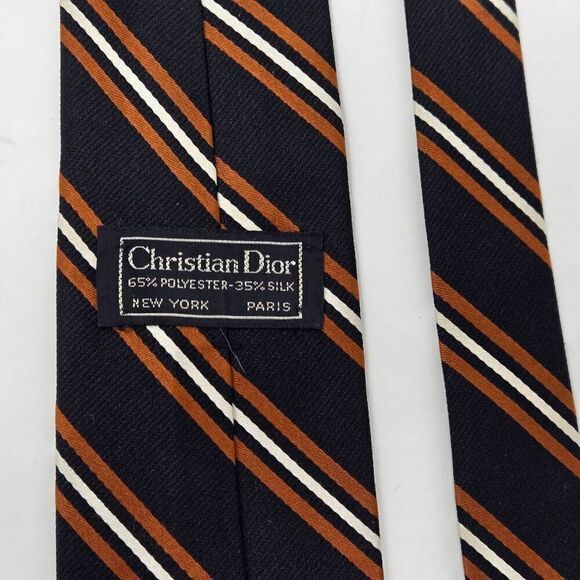 CHRISTIAN DIOR USA POLY SILK TIE BLACK WHITE ORANGE STRIPE SATIN 3" X 57" - Picture 3 of 3